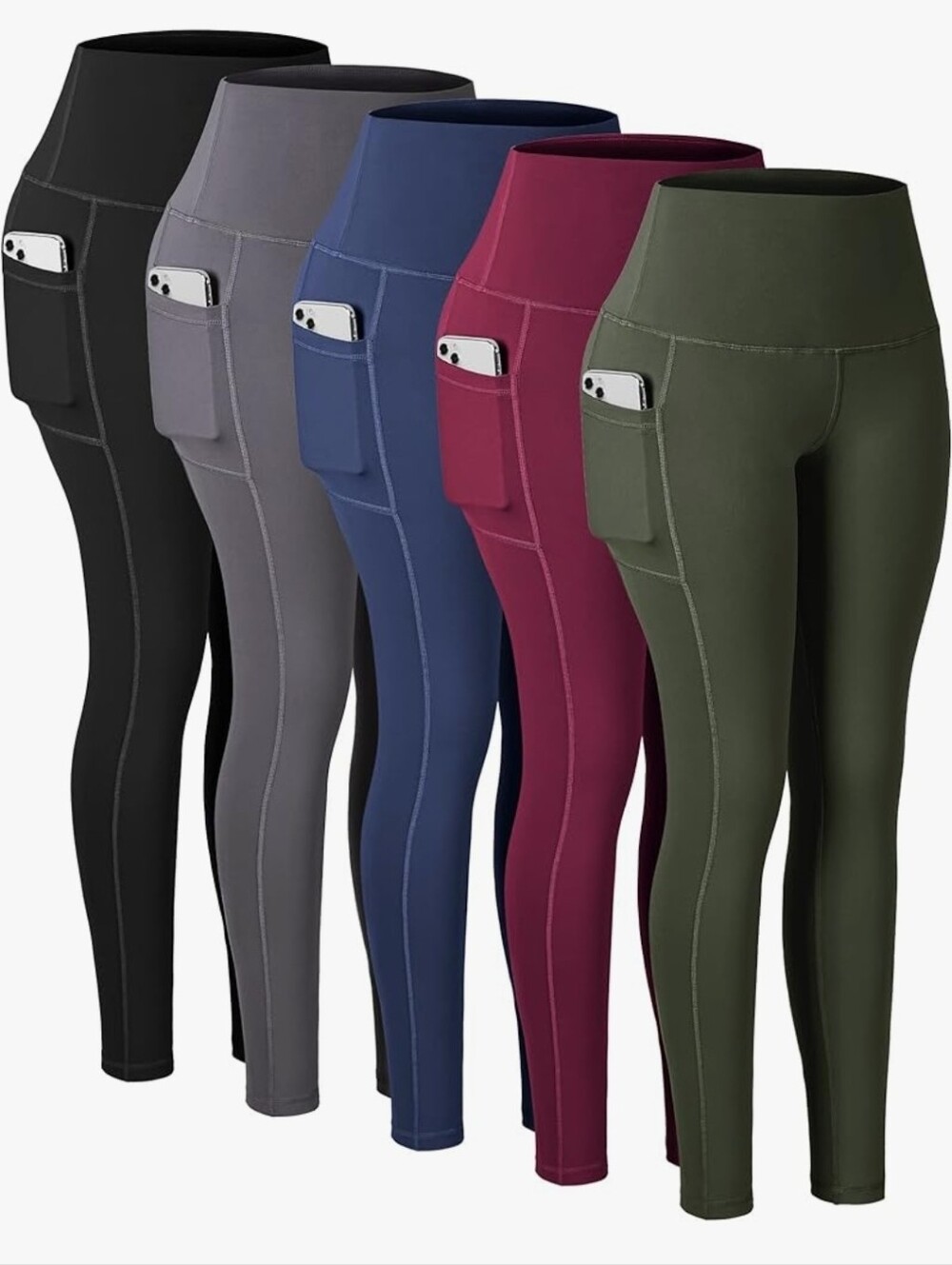 5 TOTAL High-Waist Pocket Leggings - Olive, Burgundy, Blue, Gray, Black